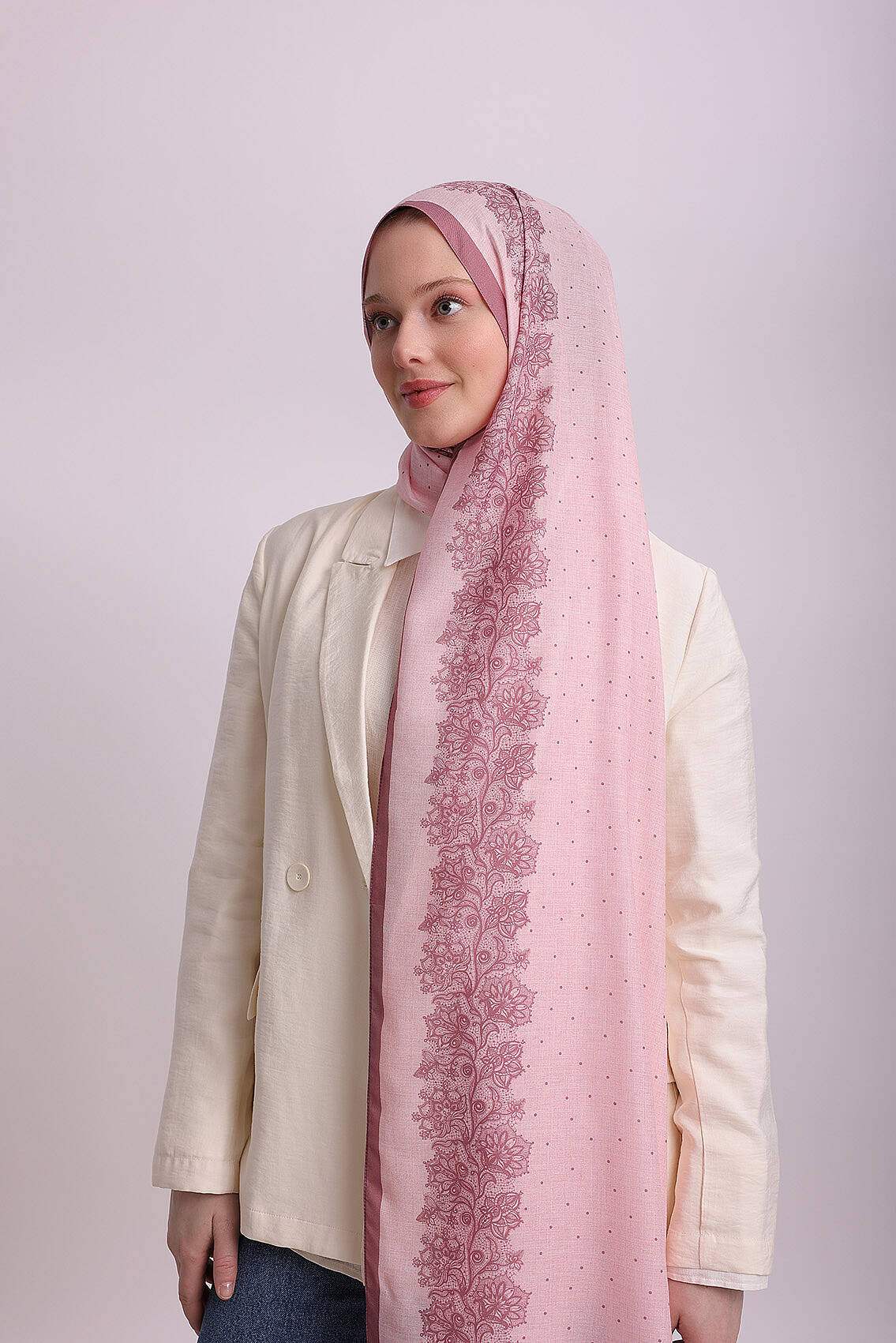 Dantel Puan Desenli Tek Taraflı Şal - Pembe