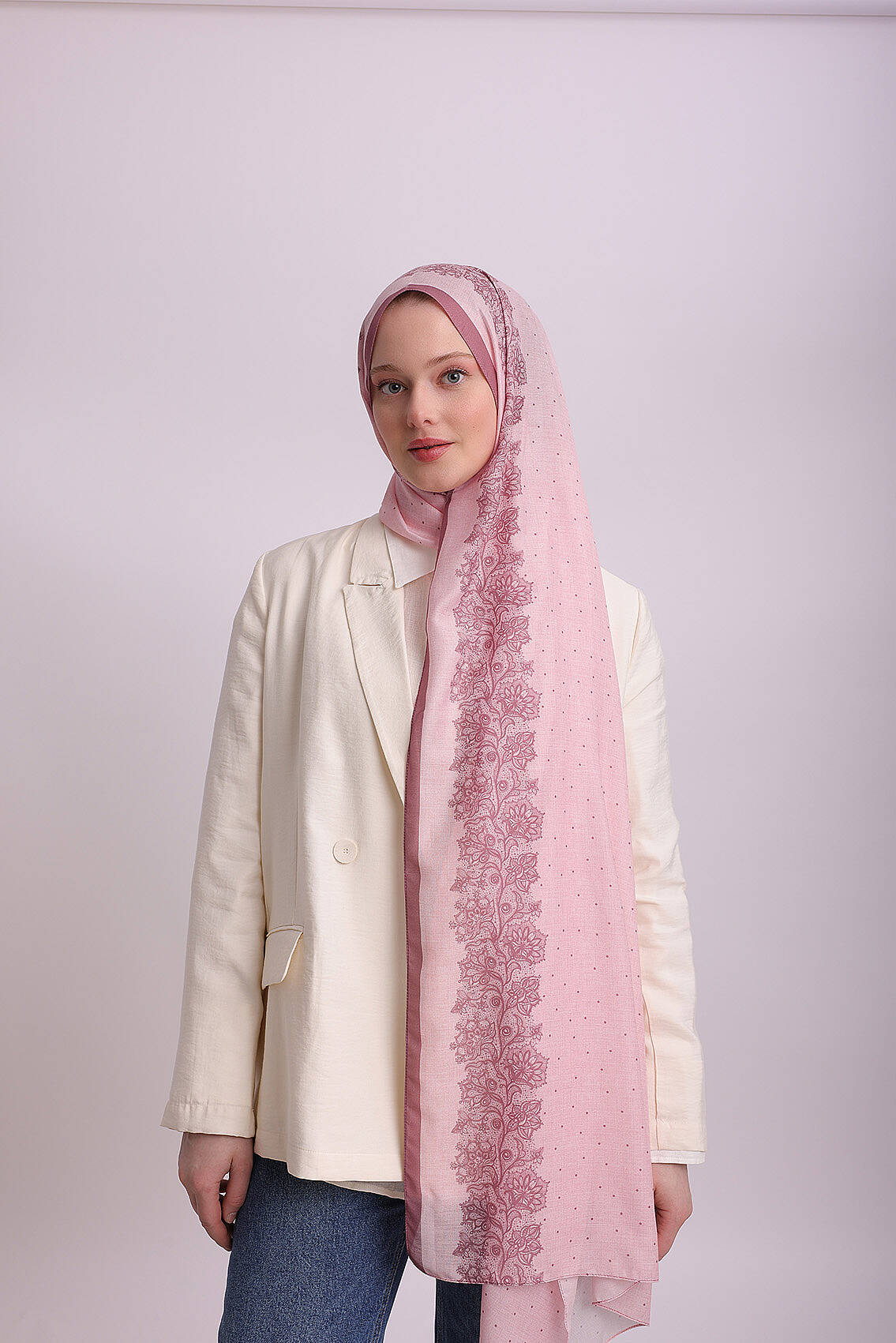 Dantel Puan Desenli Tek Taraflı Şal - Pembe
