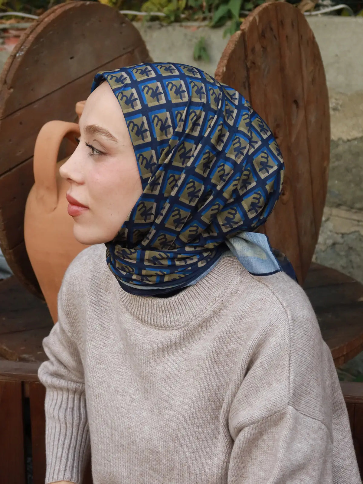 Monark Mk Desen Lina Eşarp Koyu Lacivert