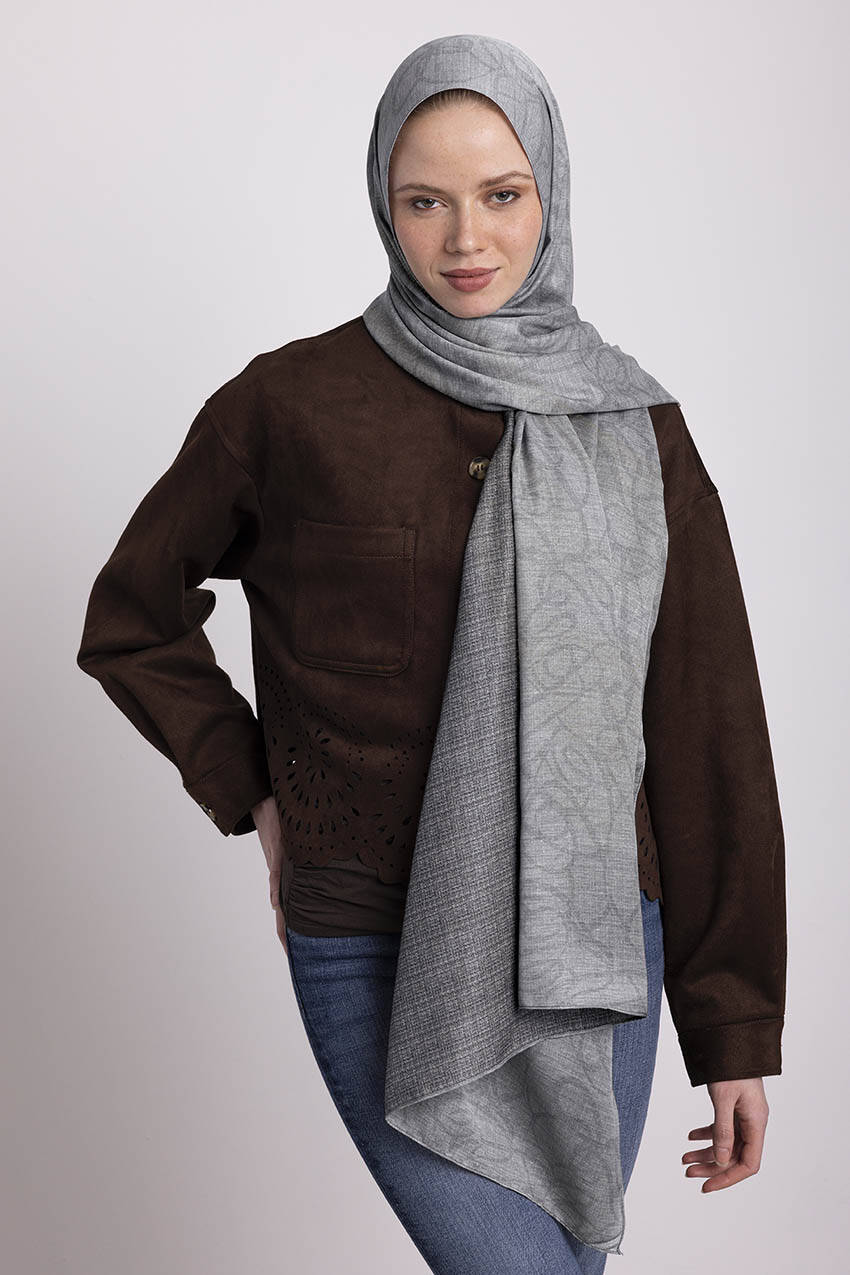 Şebnem Hattı Monogram Çift Taraflı Şal Gri