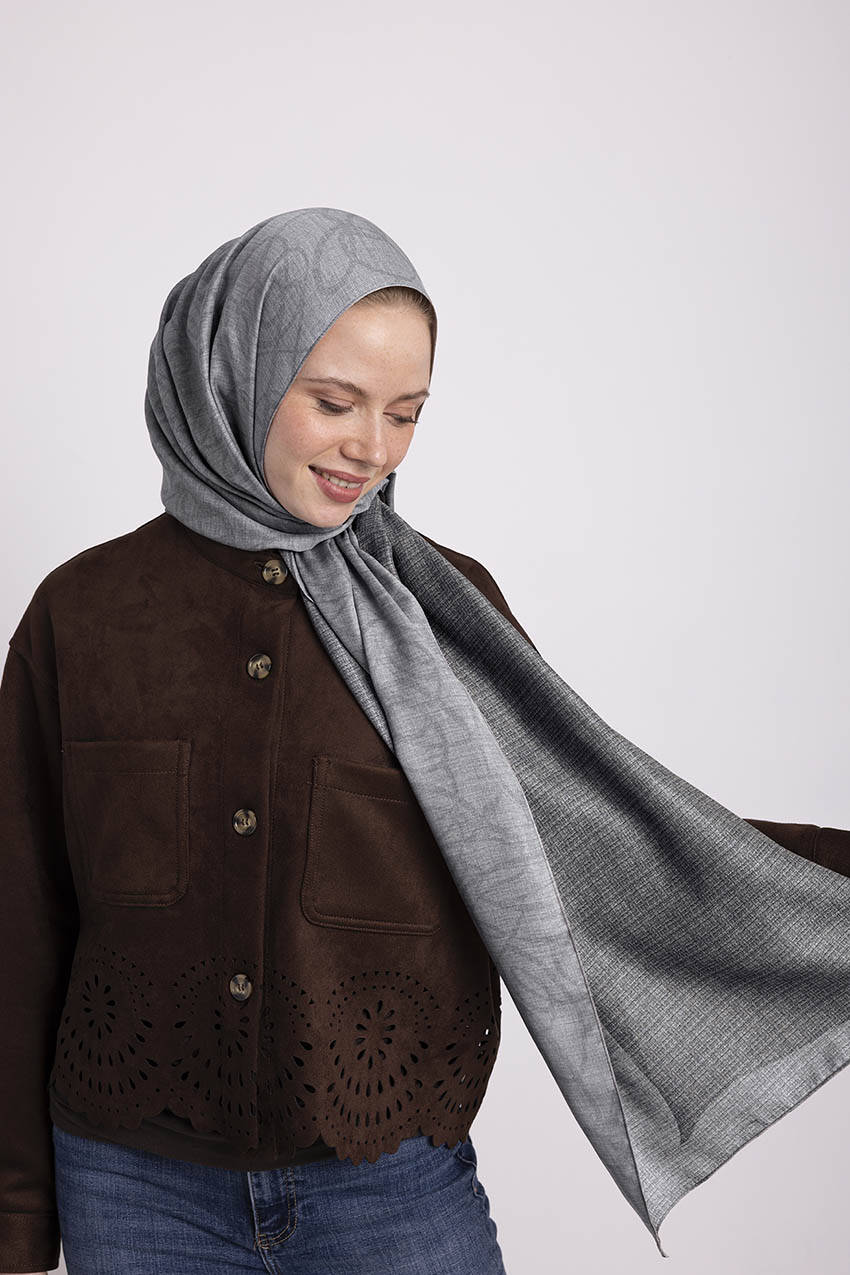 Şebnem Hattı Monogram Çift Taraflı Şal Gri